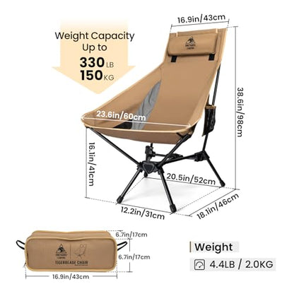 ONETIGRIS Tigerblade High Back Camping Chair with Pillow Design, Comfortable Widened Seat Folding Chair - color: Coyote Brown