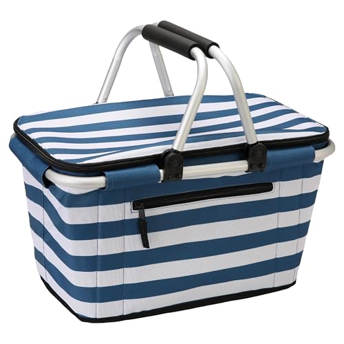 SIYUAN Picnic Basket with Handles 30L Large Stripped Insulated Cooler Leakproof Grocery Shopping Market Tote for Family Blue White - color: Blue White