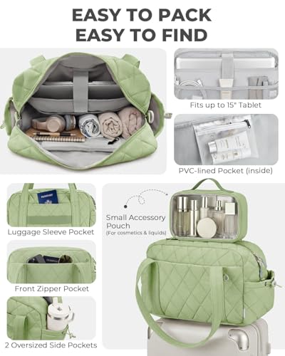 Percover Weekender Bag for Women, Ultra Lightweight Travel Duffle, Carry On Personal Item Overnight Bag with Toiletry Pouch & Compartments, Quilted Gym & Travel Bag, Mint Green - color: Mint Green