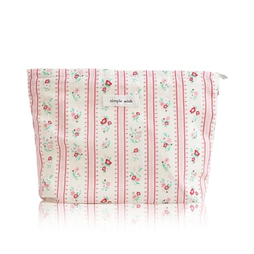 Wudygir Floral Makeup Bag for Women Travel Cosmetic Pouch with Zipper Large Capacity Canvas Toiletry Bag & Aesthetic Canvas Handbag (Pink Striped Floral) - color: Pink Striped Floral