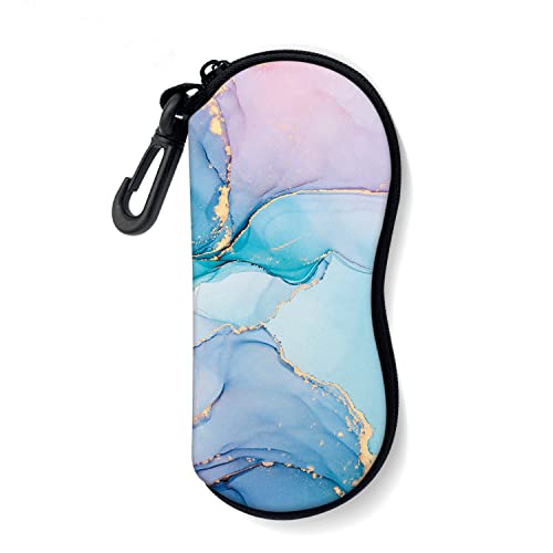 Sunglasses Soft Case with Carabiner Ultra Light Neoprene Zipper Glasses Case - color: Pink Blue Marble