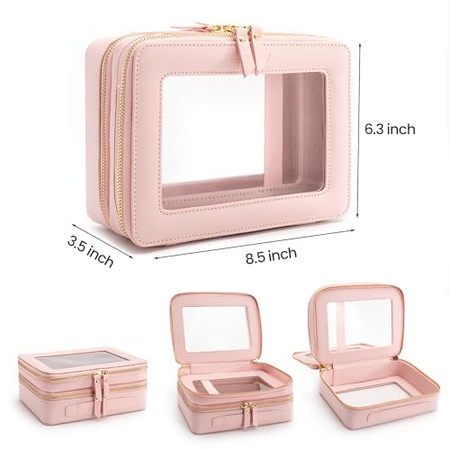 Aveniee XL Clear Makeup Organizer,Double Layer Travel Cosmetic Case with Brush Holder & Zippered Compartments, Large Toiletry Bag Train Case for Women.2 Layers, Pink - color: Pink, style: Dual Layer