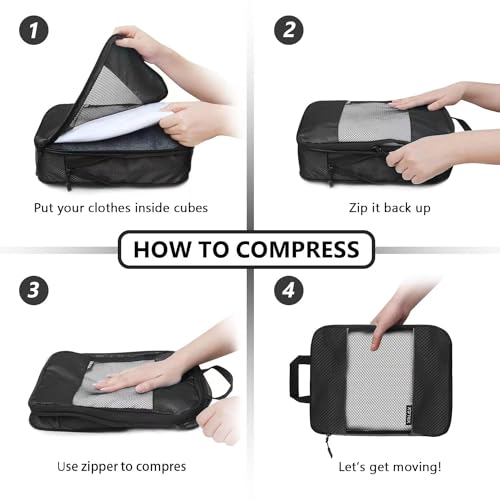 Compression Packing Cubes for Suitcases,5 Set Travel Essentials, Lightweight Luggage Organizer Bags, Travel Cubes for Carry on - color: Black