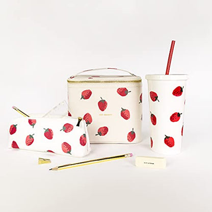 kate spade new york Beige Lunch Bag, Small Insulated Lunch Tote, Thermal Bag with Double Zipper and Carrying Handle, Strawberries