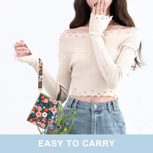 Aiawoxc Credit Card Holder, Small RFID Wallet Slim Leather Card Organizer Case with Zipper and Wristlet Strap, Cute Flowers - color: B-Cute Flowers, size: Wrist Strap