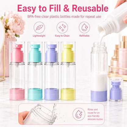 4 Pack Airless Pump Bottles, 1 oz Leakproof Travel Bottles with Pump for Toiletries, Small Empty Containers with Lids for Lotion Creams Serum Skin Care Shampoo Cosmetic Moisturizer Dispenser