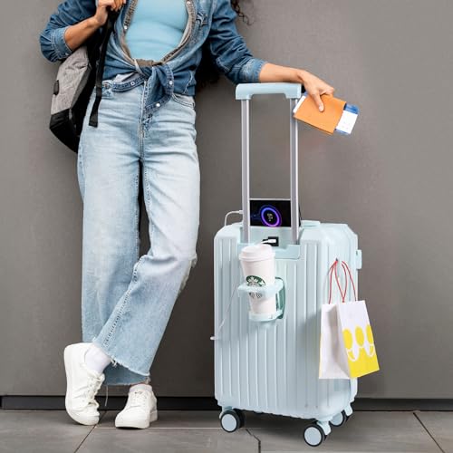 Carry-on Luggage with Cup Holder & USB Charging Port, Hard Side Luggage with Spinner Wheels, Lightweight Luggage for Travel, Business (Blue, Carry-On 20-Inch) - color: Blue