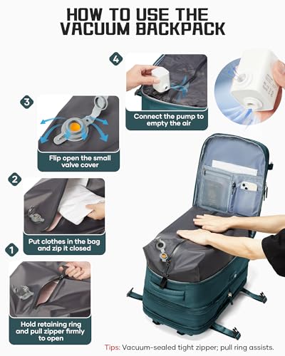 wepadre Vacuum Travel Backpack with Pump Travel Backpack with Vacuum System Expandable Vacpack Compression Backpacks for Travel Easy Vac Pack Carry on Luggage - color: Peacock Blue