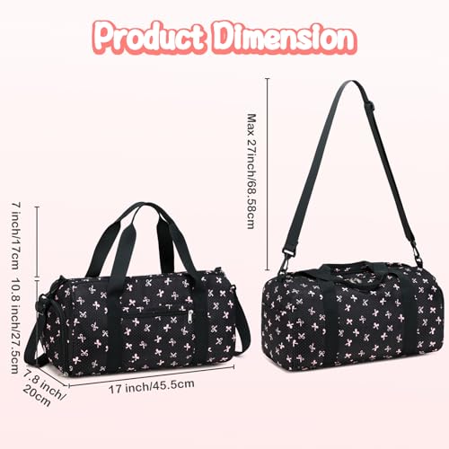 Gym Bag Sports Duffle Bag with Wet Pocket Weekender Overnight Bag with Waterproof Shoe Compartment for Girls Kids Women Travel Dance Yoga Workout Bag (Bow Pink-Black) - color: Bow Pink-Black