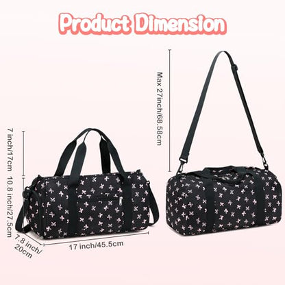 Gym Bag Sports Duffle Bag with Wet Pocket Weekender Overnight Bag with Waterproof Shoe Compartment for Girls Kids Women Travel Dance Yoga Workout Bag (Bow Pink-Black) - color: Bow Pink-Black