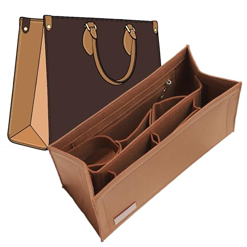 Bag Organizer Insert for LV On The Go MM and Dior Medium Book Tote and more, 9-Section Customizable Purse Organizer with Secure Zippered Pocket Water Bottle Holder, Handbag Shaper Protector (Camel) - color: Camel, size: Medium Book Tote/On The Go MM