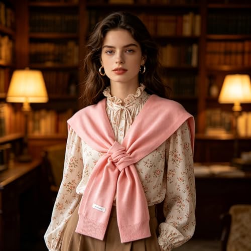 WaJuemy Women's Sweater Shawl Wraps Sleeves Knitted Collar Sweater Scarf Top Casual Lightweight Shoulder Cape Accessories - color: 19 Pink