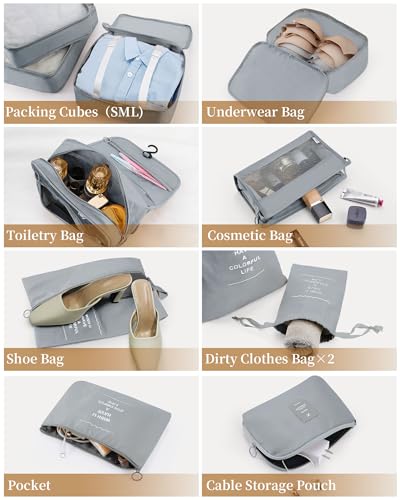 Anjing Packing Cubes for Suitcase 11PCS Luggage Packing Organizers Travel Essentials Luggage Organizer Hooked Toiletry Bag Cosmetic Bag and Shoes Bag, Gray - color: Grey-11pcs