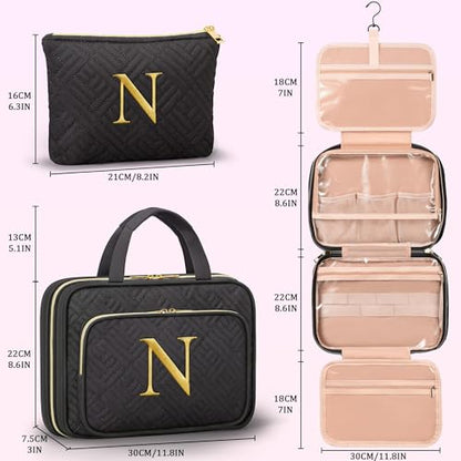 Gifts for Women, Initial Toiletry Makeup Bag Hanging Cosmetic Organizer with Embroidery Letter Personalized Nurse Teacher Appreciation Birthday Mothers Day Gifts for Mom Sister Wife Friends Auntie Her - style: N