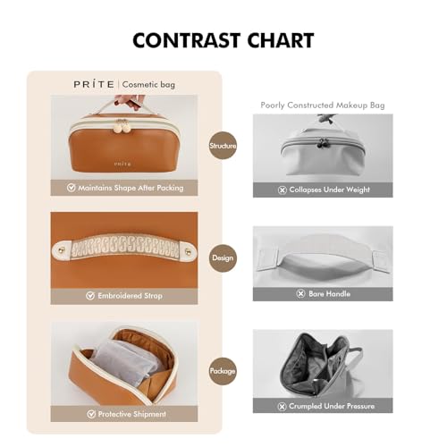 Prite Makeup Bag for Women Travel Waterproof Vegan Leather Cosmetic Bag Open Flat Toiletry Bag With Clear Divider and Handle (New Brown, Large) - color: New Brown, size: Large