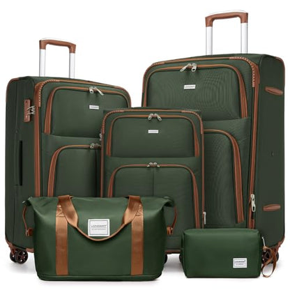 LARVENDER Luggage Sets 5 Piece Softside Expandable Suitcases Set with Spinner Wheels TSA Lock, Lightweight Soft Shell Rolling Travel Luggage Set Clearance for Men and Women, Green Brown - color: Green/Brown, size: 5 Piece Set