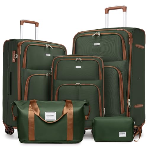 LARVENDER Luggage Sets 5 Piece Softside Expandable Suitcases Set with Spinner Wheels TSA Lock, Lightweight Soft Shell Rolling Travel Luggage Set Clearance for Men and Women, Green Brown - color: Green/Brown, size: 5 Piece Set