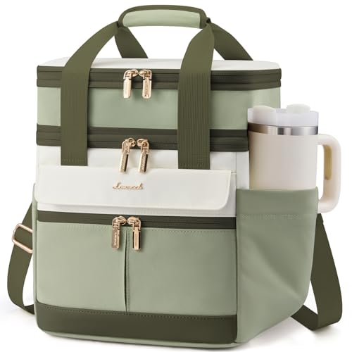 LOVEVOOK Insulated Lunch Bag Women Men,Expandable Double Deck Lunch Box for Women With Large Cup Holder,Leakproof Cooler Bag For Adult Lunch Tote Bag Work Picnic Beach with Adjustable Shoulder Strap - color: Off White with Green, size: Large-15L