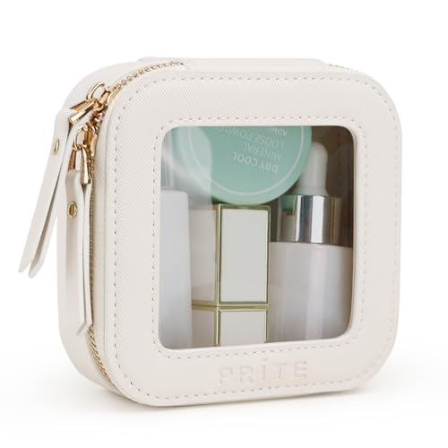 Prite Small Makeup Bag for Women Portable Clear Makeup Bag Cute Mini Waterproof Travel Cosmetic Bag with Gold Zipper for Car Essentials(Beige) - color: Beige, size: Mini - Single Layer