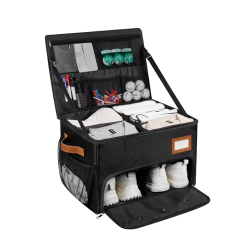 2 Layer Golf Trunk Organizer, Golf Organizer with 2 Pairs Shoes Compartment, Golf Storage Waterproof Car Trunk Locker for Balls, Caps, Clothes, Gloves, Accessories, Gifts for Golfers - color: Black