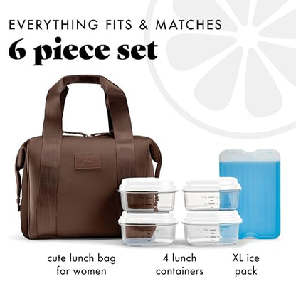 Fit & Fresh Remi Lunch Bag for Women Work – Neoprene Lunch Tote with Containers & Ice Pack, Reusable Meal Prep Lunch Box, Large Capacity, Machine Washable, Chocolate - color: Dark Chocolate