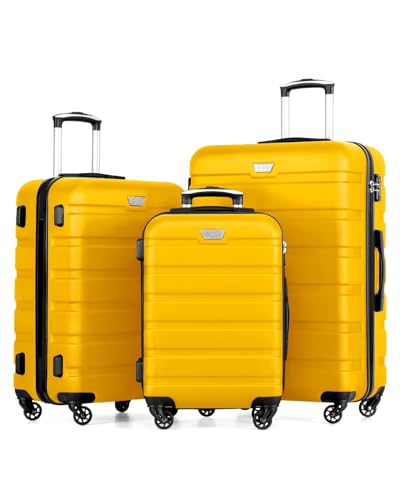 Coolife Luggage 3 Piece Set, Lightweight Durable Hardshell Suitcase set with 360° Spinner Wheels, TSA-approved Lock, Checked Family Travel Luggage sets, 20/24/28 Inch, Yellow - color: Yellow, size: 20in24in28in