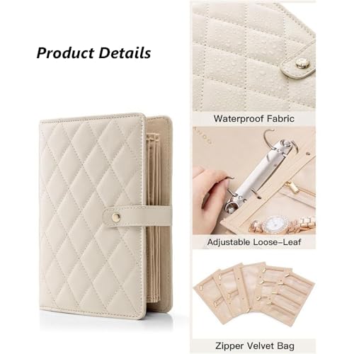 TANG SONG Leather Travel Jewelry Organizer Case – Velvet-Lined Zipper Pouch for Earrings, Necklace & Rings Portable Gift for Women (White)