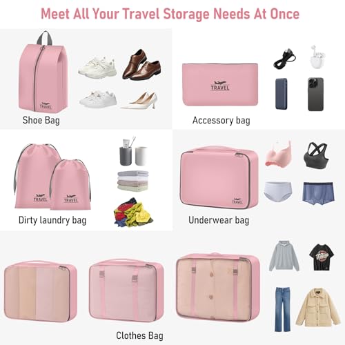 Packing Cubes for Travel - 8 Set Luggage Organizer Bags for Family, Mesh Breathable Packing Cubes for Suitcases Durable Travel Essentials Bags Set - color: Gray Pink