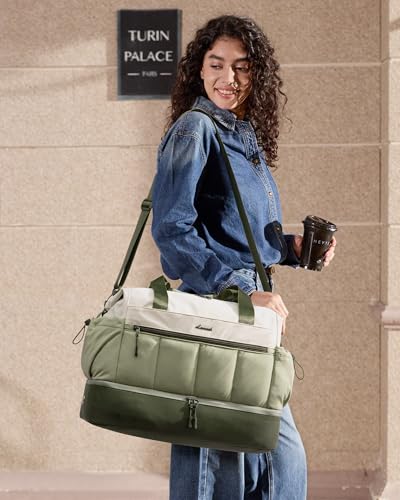 LOVEVOOK Travel Duffel Bag, Weekender Bags for Women, Large Overnight Bags with Shoe Compartment, 38L Carry on Gym Hospital Bag with Wet Pocket, 2 Pcs - color: Beige-Pea green-Olive green, size: Large-2 Pcs