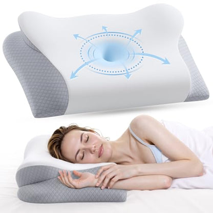Memory Foam Neck Pillow - Ergonomic Contour Cervical Neck Pillow for Side Back Stomach Sleepers, 2-in-1 Orthopedic Neck Support Pillow with Cooling Pillowcase