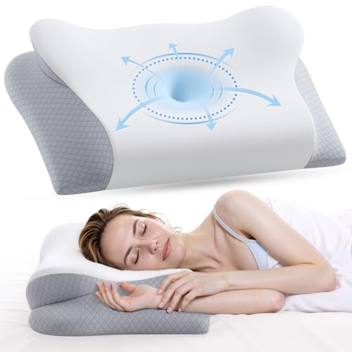 Memory Foam Neck Pillow - Ergonomic Contour Cervical Neck Pillow for Side Back Stomach Sleepers, 2-in-1 Orthopedic Neck Support Pillow with Cooling Pillowcase