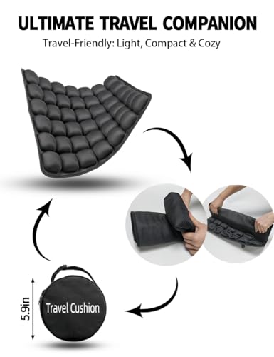 Soundur Travel Cushion Airplane Seat,Inflatable Air Bubble Design with Storage Bag for Car/Office/Kitchen Chairs.42 Air Cells, Adjustable Firmness, Non-Slip Bottom