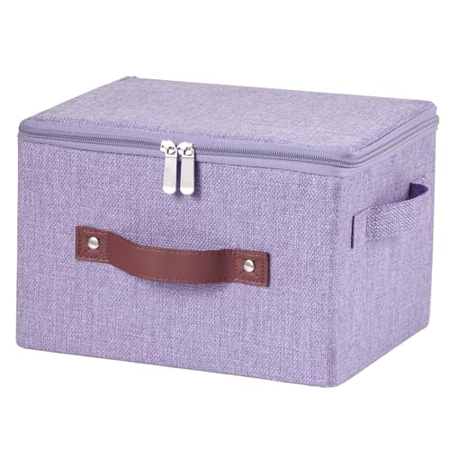Storage Bins with Zipper Lid Cotton Linen Fabric Lidded Storage Baskets Boxes Foldable Washable Closet Shelf Clothes Organizer Container with PU Leather Handles (Purple, Small) - color: Purple, size: Small ( Set of 1 )