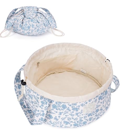Narwey Lay Flat Open Drawstring Makeup Bag, Large Floral Cosmetic Bag for Women Girls, Cute Make up Bags with Handle, Travel Toiletry Bag for Skincare, Brushes & Travel Essentials (Blue Flower) - color: Y-Blue Flower