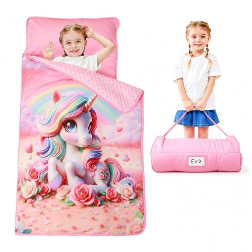 Lasoftan Toddler Nap Mat with Pillow and Blanket, Extra Large Rolled Napping Mats,Slumber Bags for Boys Girls,Kids Sleeping Bag for Daycare, Preschool Travel Camping - color: Pink Rose Unicorn