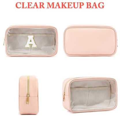 Fammart Clear Makeup Bag with 2 Customizable Chenille Letters - Waterproof PU Leather Cosmetic Case, Large Personalized Toiletry Pouch for Women & Teens, Ideal for Travel & Gift - color: Clear, Large - Pink