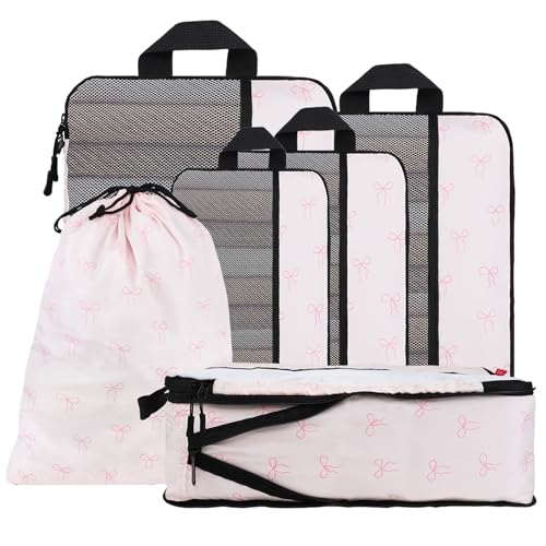 U+U 6 Set Compression Packing Cubes - Ultralight Travel Organizers with Laundry Bag, Space-Saving Suitcase Organizer, Expandable Packing Cubes for Travel, Business Trip and Family Vacation (Pink Bow) - color: Pink Bow, size: 6 Set