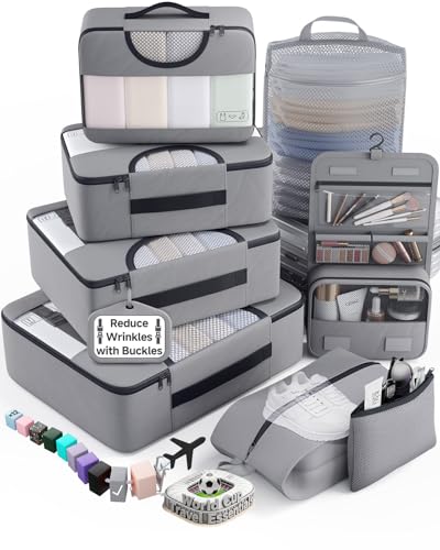Veken 8 Set Packing Cubes for Travel Essentials, Suitcase Organizer Bags in 4 Sizes, Carry-On Luggage Accessories with Large Laundry & Hanging Toiletry Bag, Must-Have for Airplane, Road Trip & Camping - color: 04 Gray