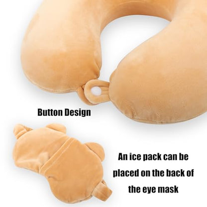 Kids Neck Pillow for Travel with Sleep Eye Mask, Cute Travel Neck Pillow, Memory Foam Flight Sleeping Headrest Pillow for Boys & Girls, Airplane, Train, Car, Home Use - Brown Bear - color: Brown Bear