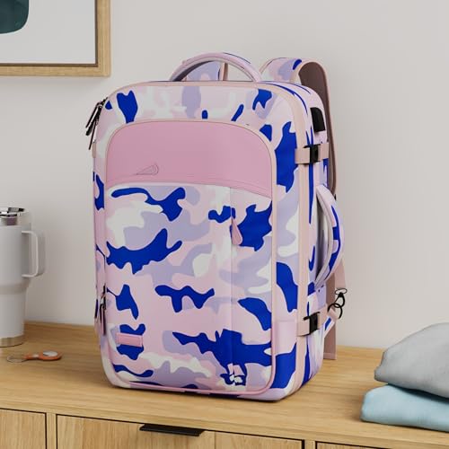 Lumesner Carry on Travel Backpacks, Extra Large 40L Flight Approved for Men & Women,Expandable Suitcase backpack (Camouflage Pink(Backpack With 4 Packing Cubes)) - color: Camouflage Pink
