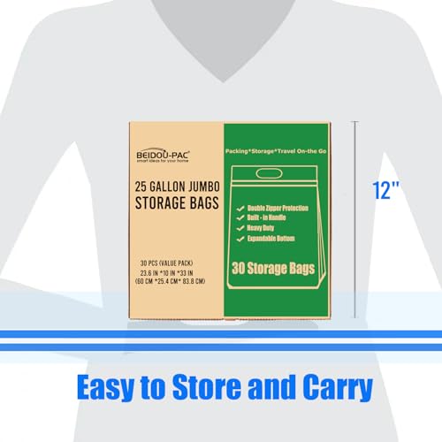 BEIDOU-PAC 25 Gallon Jumbo Storage Bags with Handle, 30 Counts | Double Zipper Seal | Expandable Bottom, Resealable Clear zip Bags for Home Travel, Moving, Commercial and Outdoor - style: Zip-25 gallon-30 count
