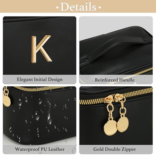 Personalized Initial Makeup Bag Gifts for Women, Large Travel Cosmetic Organizer with Handle & Divider, PU Leather Toiletry Bag for Girls, Birthday Bridesmaid Gift Set - Black - K - color: Black, style: K
