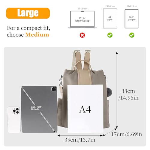 PINCNEL Women Backpack Purse Waterproof Nylon Anti-theft Rucksack Lightweight Shoulder Bag - color: Khaki, size: Large