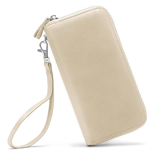 Moflycom Womens Wallet RFID Blocking Genuine Leather Zip Around Wallet Clutch Wristlet Travel Long Purse for Women - color: Y1-Beige