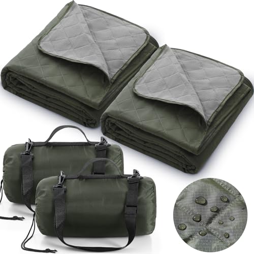 Tranqun 2 Large Outdoor Blanket 78'' x 55'' Quilted Windproof Waterproof Fleece Sandproof Stadium Foldable Warm Blanket for Camping Picnic Sporting Events Cold Weather (Military Green) - color: Military Green