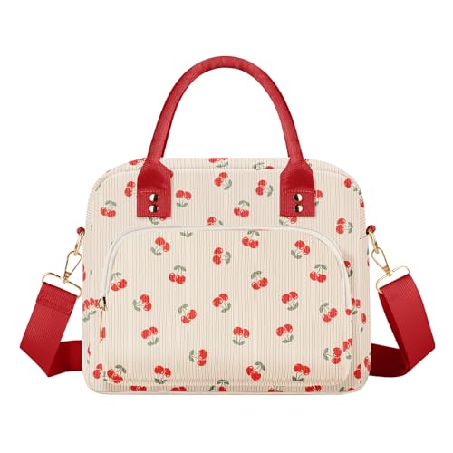 Lunch Bag Large Insulated Lunch Box for Women Men Adult Cute Cherry Lunchbox Corduroy Lunch Bags Boxes Pail with Shoulder Strap for Work Mom Picnic Office Travel 11.4×6.8×9.1 inches 11.5L - color: Cherries