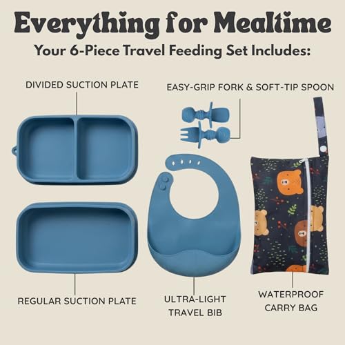 Baby Travel Essentials 6 Pc Silicone Feeding Set - Portable Toddler Plates with Suction, Baby Spoons & Foldable Bib in Carrying Case - BPA-Free Infant & Toddler Utensils for Airplanes & Eating Out - color: Dark Blue