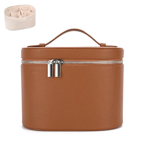 Leather Make Up Bags With Compartments, Brown travel Cosmetic Bags for Women, Parallel Makeup Travel Bags Organizer Equipped With a Detachable Divider - color: Brown