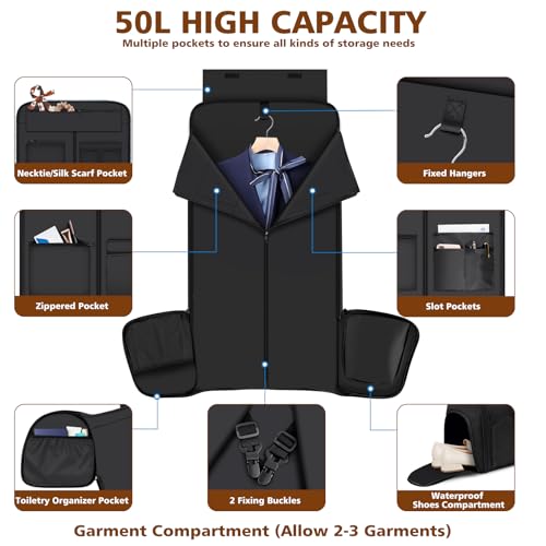 Rolling Garment Bags for Travel - Carry on Convertible Garment Duffle Bags with Wheels for Men Women, 4 in 1 Large Travel Duffel Bags with Shoes Compartment Hanging Suit Dress Weekender Bag 4pcs Set - color: Black