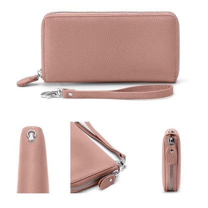 Moflycom Womens Wallet RFID Blocking Genuine Leather Zip Around Wallet Clutch Wristlet Travel Long Purse for Women - color: Pink